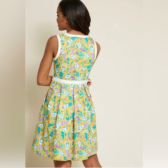 ModCloth Yellow purple teal Mermaid Cotton fit and flare sleeveless dress large - Picture 2 of 12